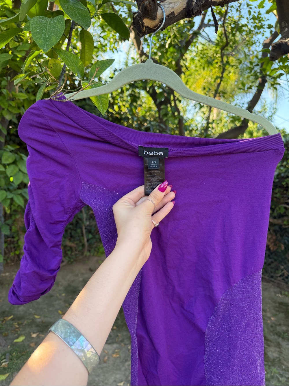 bebe Purple Off-Shoulder Tunic Top with Shimmer Panels
